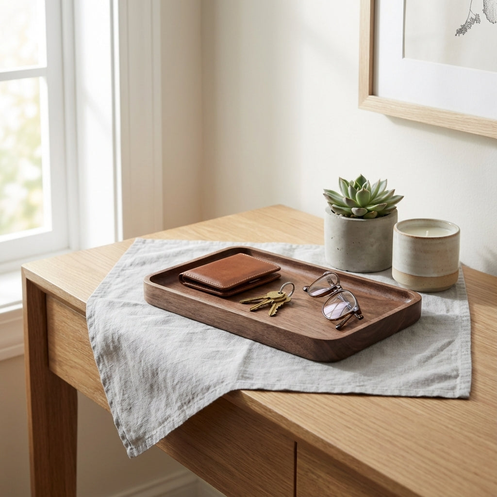 Wooden tray with wallet, keys, and eyeglasses on a wooden surface with a plant and cup in the background.