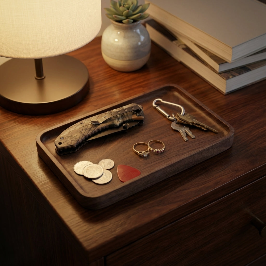 Wooden tray with keys, coins, and a ring on a wooden surface with a lamp and books in the background.