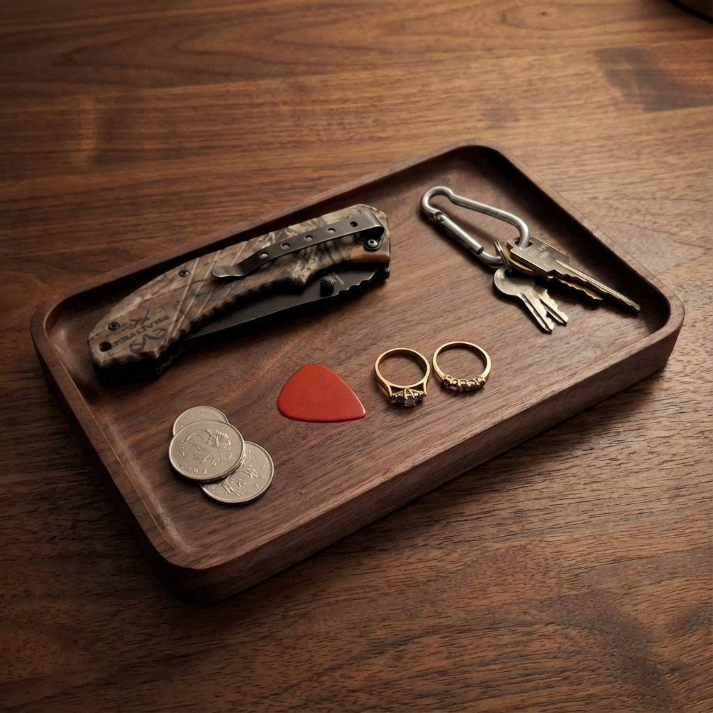 Wooden tray with a knife, keys, coins, and rings on a wooden surface