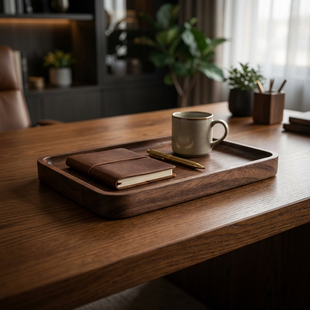 Wooden tray with a notebook, pen, and mug on a wooden table.