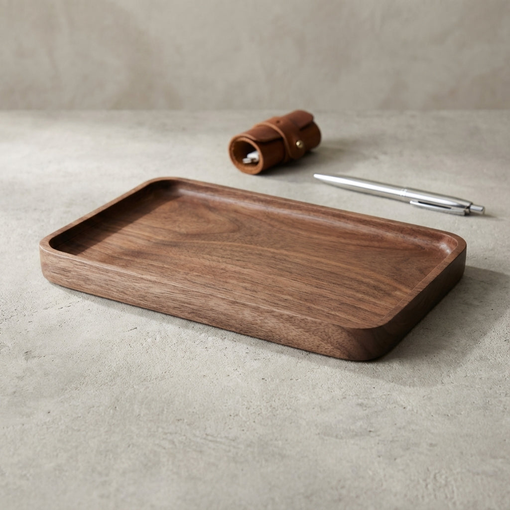 Wooden tray on a beige surface with a pen and small leather item.