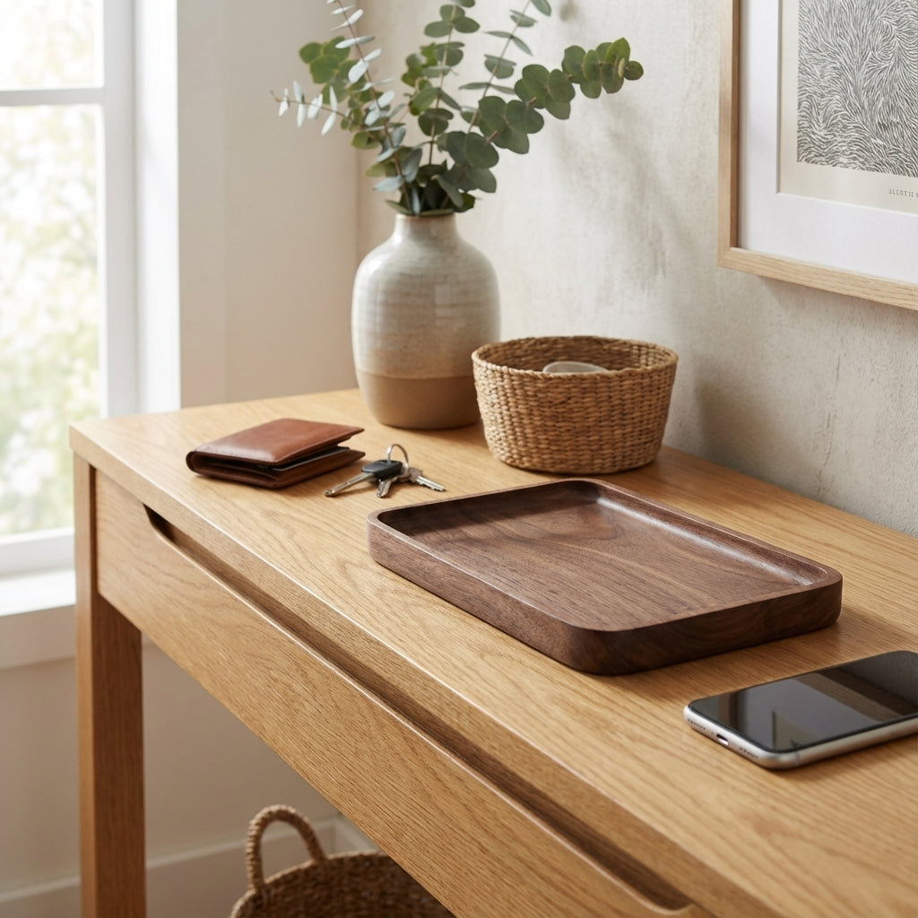 Wooden desk with a wooden tray, phone, wallet, keys, and a plant in a vase.