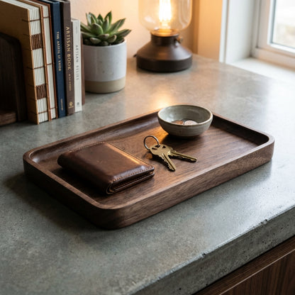 Wooden tray with wallet, keys, and small bowl on a concrete surface