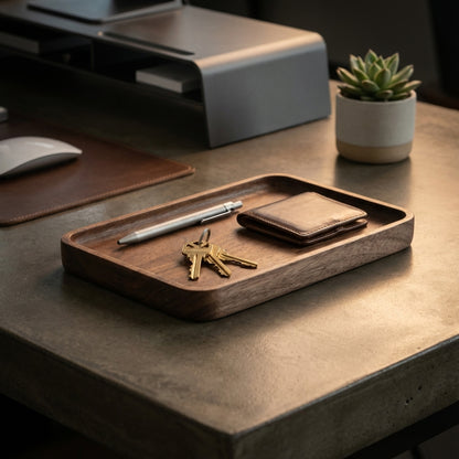 Wooden tray with wallet, keys, pen, and mouse pad on a desk.