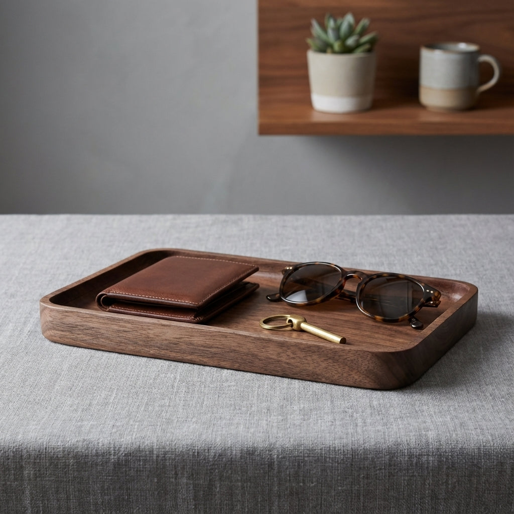 Wooden tray with wallet, sunglasses, and key on a gray surface with a blurred background