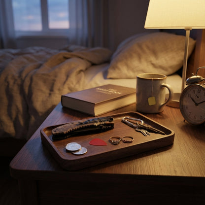 Tray with keys, coins, and a heart-shaped object on a bedside table with a book, mug, and clock.