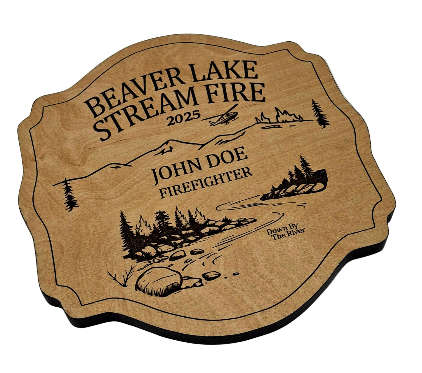 Wooden plaque for fire fighters with engraved text and illustrations on a gray background