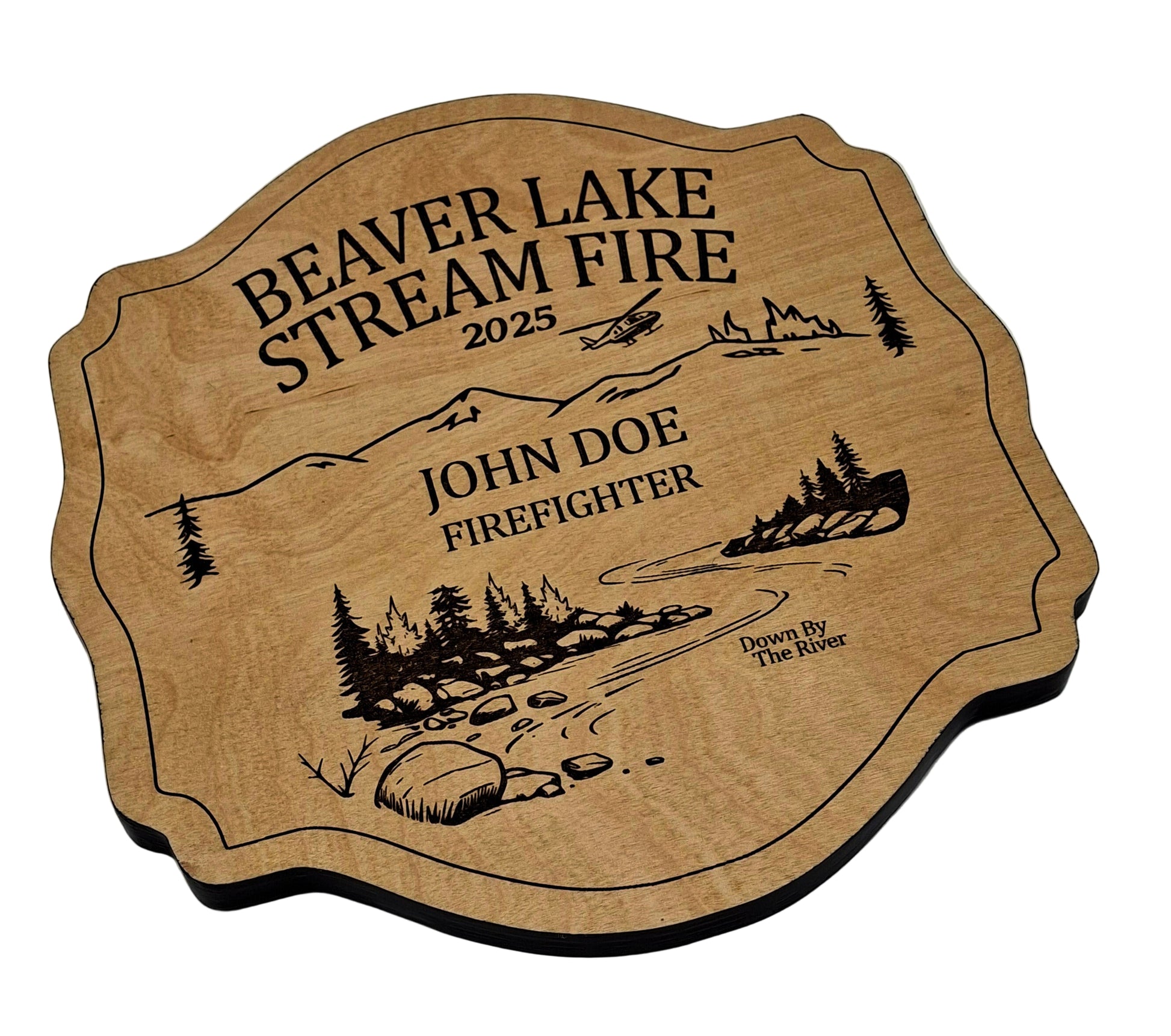 Wooden plaque for fire fighters with engraved text and illustrations on a gray background