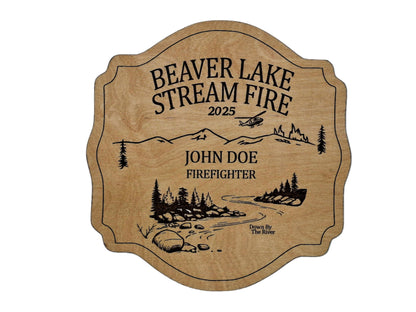 Wooden plaque with engraved text and illustrations on a light gray background